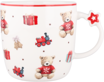 Biały świąteczny kubek ceramiczny z wzorem w misie, prezenty, pociągi i gwiazdki. Uchwyt zdobiony czerwoną gwiazdą.