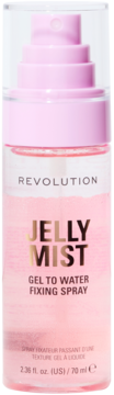 Revolution Jelly Mist Gel to Water Fixing Spray, różowy płyn w przezroczystej butelce, widok z przodu.