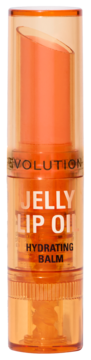 Revolution Jelly Lip Oil Hydrating Balm w pomarańczowym opakowaniu, widok z przodu, z widoczną skośną końcówką.