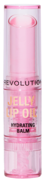 Różowy Revolution Jelly Lip Oil Hydrating Balm w transparentnym, pionowym sztyfcie, widok z przodu.