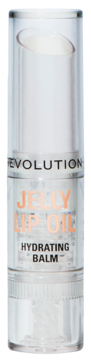 Przezroczysty, cylindryczny olejek do ust Revolution Jelly Lip Oil Hydrating Balm, widok z przodu, z brzoskwiniowym napisem.