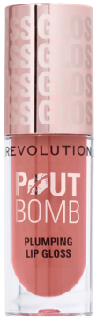 Błyszczyk Revolution Pout Bomb Plumping Gloss w odcieniu Doll, przezroczysta tubka, różowo-złota nakrętka z napisem GLOSS.