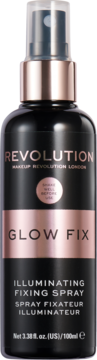 Makeup Revolution Glow Fix illuminating fixing spray, black bottle with rose gold details, front view.