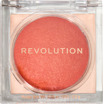 Widok z góry: Revolution Beam Bright Blush Orange Crush, koralowy, świetlisty róż w przezroczystym kompakcie.