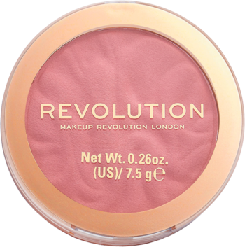 Róż w kamieniu Revolution Blusher Reloaded Ballerina. Jasnoróżowy kompakt z tłoczeniem w różowo-złotym opakowaniu, widok z góry.