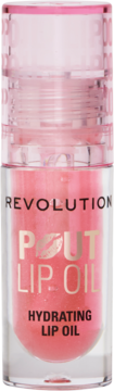 Różowy, brokatowy olejek Revolution Pout Lip Oil Hydrating w przezroczystej butelce z różową nakrętką, widok z przodu.