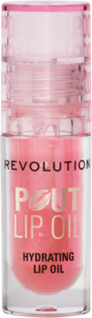 Różowy, brokatowy olejek Revolution Pout Lip Oil Hydrating w przezroczystej butelce z różową nakrętką, widok z przodu.