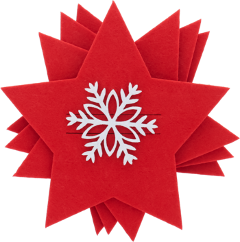 Czerwone filcowe gwiazdki świąteczne z białym płatkiem śniegu, ułożone w stos, dekoracja zimowa.