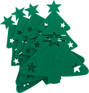 Zielone filcowe dekoracje świąteczne w kształcie choinki z wyciętymi gwiazdkami, widok stosu z boku.