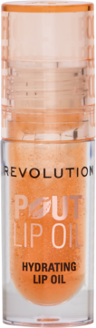 Przezroczysta butelka Revolution Pout Lip Oil Honey Shimmer, z pomarańczowo-złotym, błyszczącym płynem, widok z przodu.