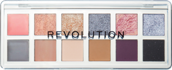 Paleta Revolution The Muse Icon, 12 matowych i błyszczących: beże, brązy, fiolet, szarości, widok z góry.