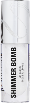 Revolution Shimmer Bomb Frosted Muse lip gloss: clear tube, silver cap, upright full view, cool shimmers visible.