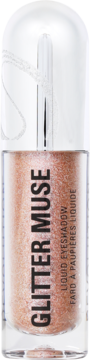Revolution Glitter Muse rose gold shimmering liquid eyeshadow in a clear bottle, frontal view, with text visible.