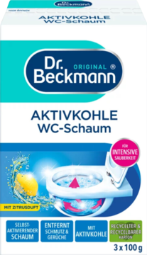 Dr. Beckmann Aktivkohle WC-Schaum, biało-niebieskie opakowanie z pianą w toalecie, zapach cytrynowy, widok z przodu.