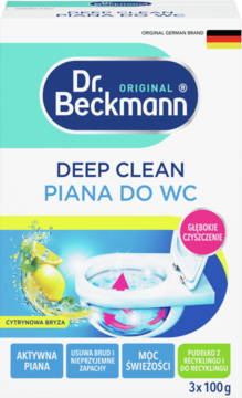 Biały karton Dr. Beckmann Deep Clean Piana do WC, cytrynowa, z ilustracją toalety, widok z przodu.