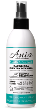 Ania perfumowany spray przeciw elektryzowaniu Vanilla & Patchouli. Biała butelka, widok z przodu.
