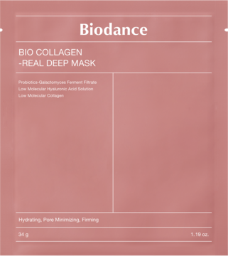 Biodance Bio Collagen-Real Deep Mask w różowym opakowaniu z białym napisem. Maska nawilżająca, zmniejszająca pory, widok z przodu.