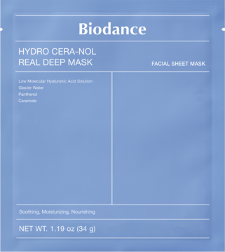 Biodance Hydro Cera-Nol Real Deep Mask, niebieskie opakowanie maski w płachcie, widok z przodu.
