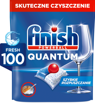 Opakowanie 100 kapsułek Finish Quantum Fresh, z myjącą kulką, widoczne obok błyszczącego kieliszka.