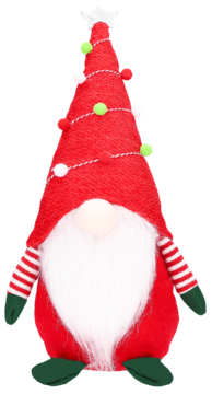 Figurka świątecznego krasnala w czerwonej czapce z pomponami i białą brodą, widok z przodu.