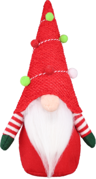 Czerwony świąteczny krasnal z dzierganą czapką ozdobioną pomponami, długą brodą i paskowanymi ramionami, widok z przodu.