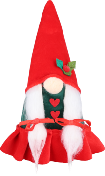 Gnom świąteczny w czerwonej stożkowej czapce z jemiołą, białą brodą, zielonym stroju z sercami, czerwoną spódnicą.