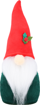 Świąteczny krasnal z czerwoną czapką, zielonym ciałem i białą brodą, zdobiony ostrokrzewem, widok z przodu.