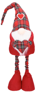 Czerwony pluszowy gnom w kraciastym kapeluszu z sercem, trzymający duże kraciaste serce.
