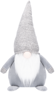 Pluszowy krasnal w szarej, filcowej czapce i miękkim ubranku, biała długa broda, mały nosek. Widok z przodu.