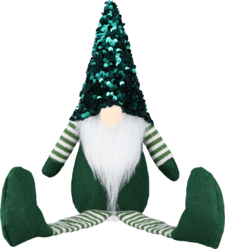 Siedząca figurka świąteczna: zielony krasnal z brokatowym kapeluszem, białą brodą i pasami, widok z przodu.