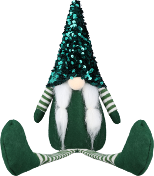 Dekoracyjny gnom świąteczny, siedzący, z zielonym brokatowym kapeluszem, białą brodą i pasami.