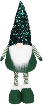 Zielony świąteczny pluszowy gnom z brokatową czapką i białą brodą, stojący pionowo, widok z przodu.