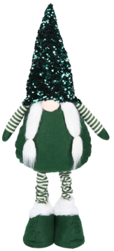 Zielony skrzat świąteczny z błyszczącą czapką choinką, białymi warkoczami, w zielono-białe paski, stojący na wprost.