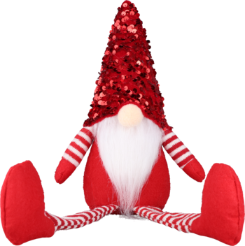 Czerwony krasnal świąteczny z błyszczącą, stożkową czapką i długą białą brodą, siedzący, nogi w paski.