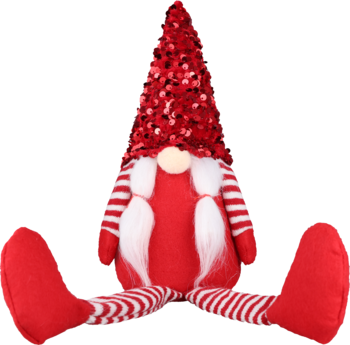 Świąteczny krasnal dekoracyjny z brokatową czerwoną czapką, w czerwono-białe paski, z białymi warkoczami, siedzący.