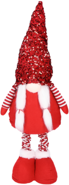Czerwono-biały pluszowy gnom świąteczny z brokatową czapką i plecionymi warkoczami, widok z przodu.