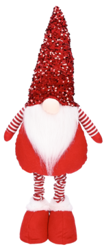 Uroczy świąteczny gnom w czerwono-białych kolorach, brokatowa stożkowa czapka, długa broda, widok frontalny.