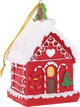 Czerwona ozdoba choinkowa domku z piernika z białym śnieżnym dachem, ludzikiem i zieloną choinką, widok pod kątem.
