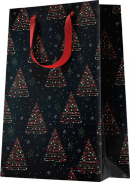 Czarna torba prezentowa z czerwonymi uchwytami i wzorem czerwono-białych choinek oraz płatków śniegu, widok z przodu.