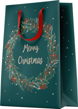 Turkusowa torba prezentowa z nadrukiem wieńca świątecznego i napisem Merry Christmas, czerwone uchwyty.