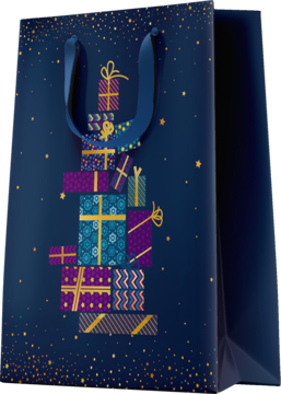 Granatowa torba prezentowa z niebieskimi uchwytami, ozdobiona stertą kolorowych prezentów i złotymi gwiazdkami, widok z boku.