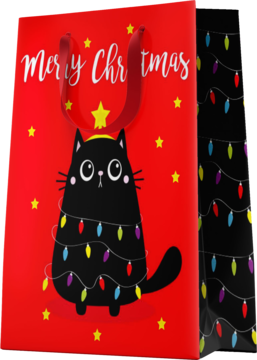 Czerwona torba prezentowa z napisem Merry Christmas, czarnym kotem owiniętym lampkami, widok z przodu i boku.