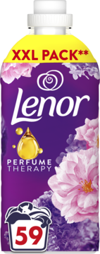 Fioletowy płyn Lenor Floral Bouquet XXL na 59 prań, z Perfume Therapy i motywem kwiatów, widok z przodu.