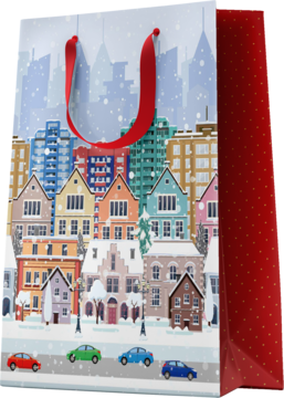Torebka prezentowa z zimowym motywem miasta: kolorowe domki, auta, padający śnieg i czerwone uchwyty.