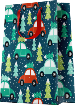 Granatowa torba prezentowa z autkami, choinkami i śnieżynkami, czerwone uchwyty. Świąteczny wzór, widok z przodu pod kątem.