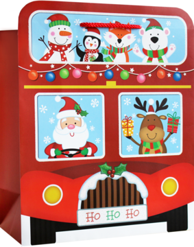 Czerwona świąteczna torba prezentowa w kształcie autobusu, z Mikołajem, reniferem, bałwanem, 'HO HO HO'.