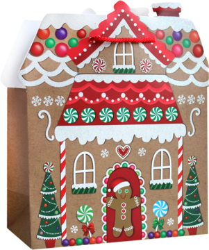 Prezentowa torba w kształcie domku z piernika z kolorowymi cukierkami i figurką piernikowego ludzika, widok z przodu.