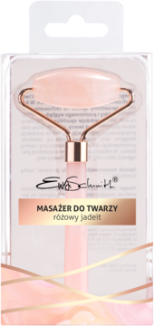 Ewa Schmitt masażer do twarzy z różowego jadeitu, w przezroczystym blistrze, na różowo-złotym tle.