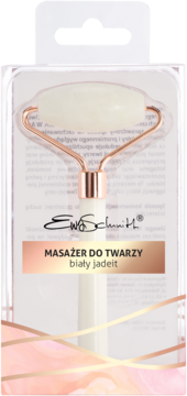 Ewa Schmitt masażer do twarzy z białego jadeitu w przezroczystym opakowaniu, widok z przodu. Rose gold detale.
