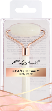 Ewa Schmitt masażer do twarzy z białego jadeitu w przezroczystym opakowaniu, widok z przodu. Rose gold detale.